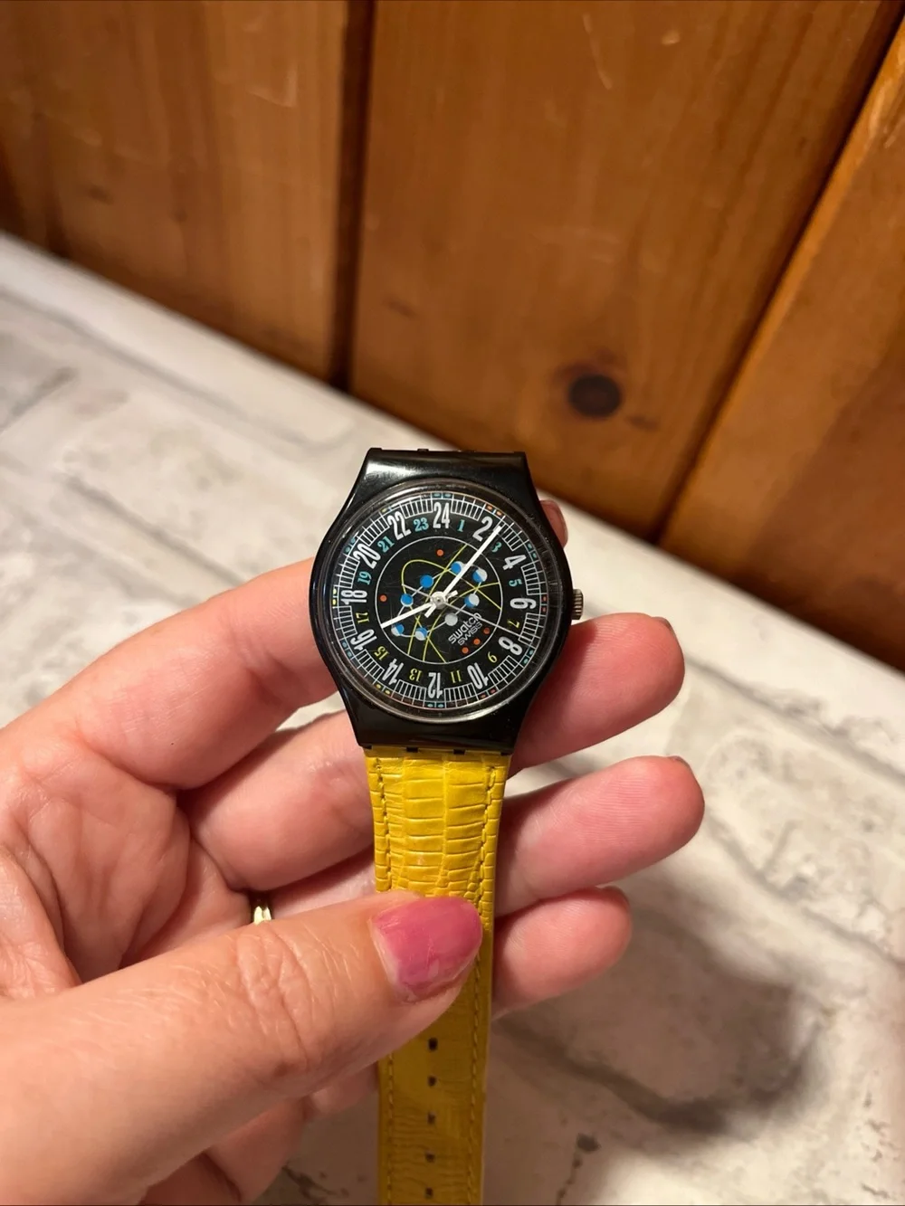 Vintage Swatch Yellow Strap Wristwatch with Black Case 24 hour clock